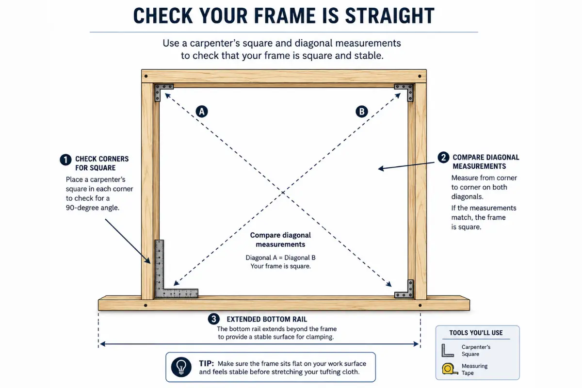 checking a DIY tufting frame for square