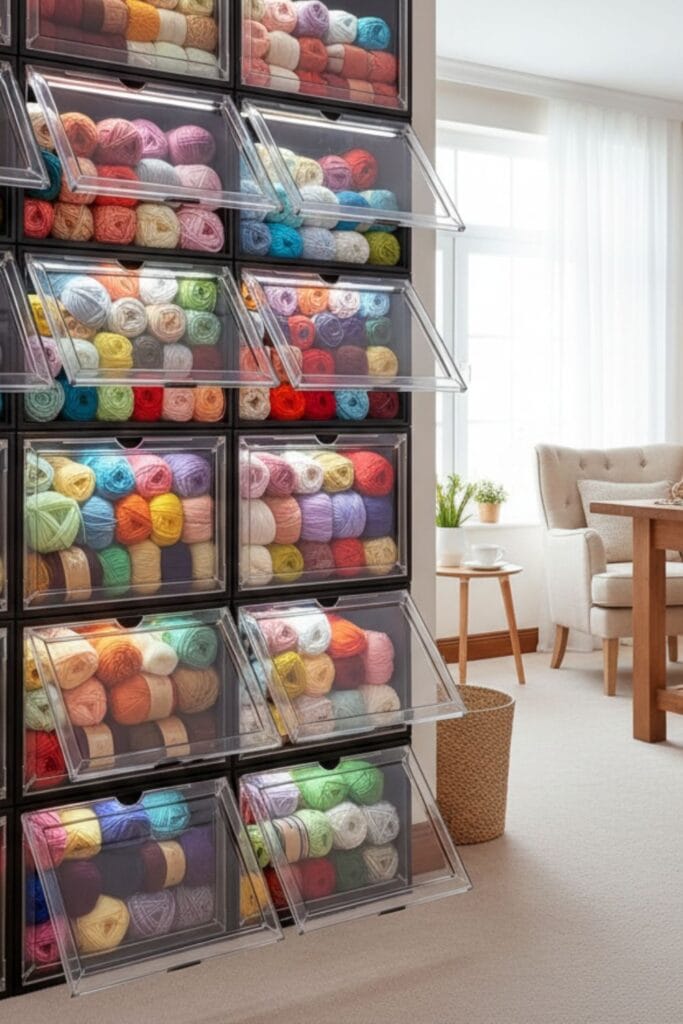 Stacked clear drop-front storage boxes holding colorful yarn skeins in a bright, organized craft space.