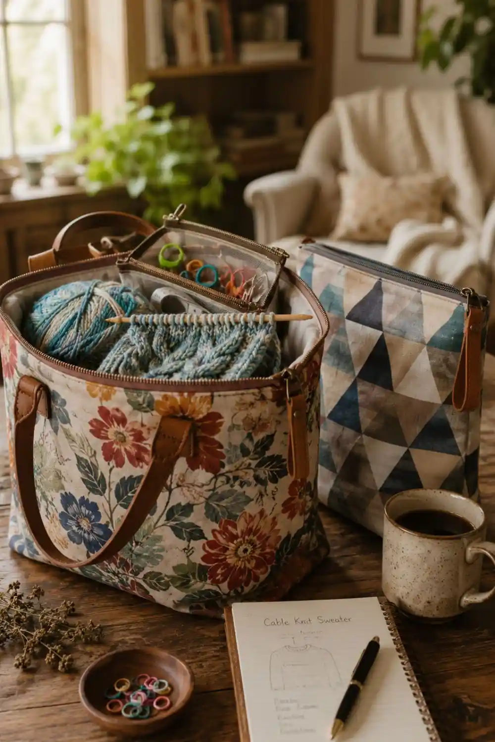 two distinct, stylish zippered canvas project bags resting on a cozy, rustic wooden crafting table