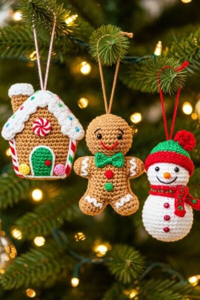 last minute crochet gifts, amigurumi inspired gingerbread house, man, and snowman
