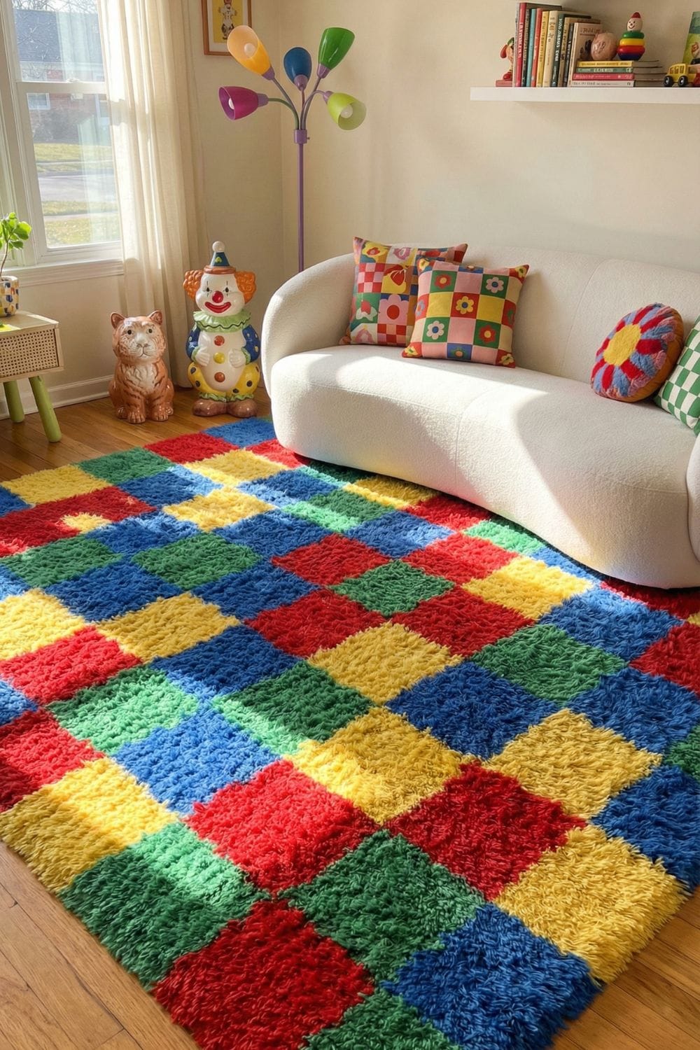 Rainbow checkerboard shag rug in a playful Funhaus aesthetic living room.