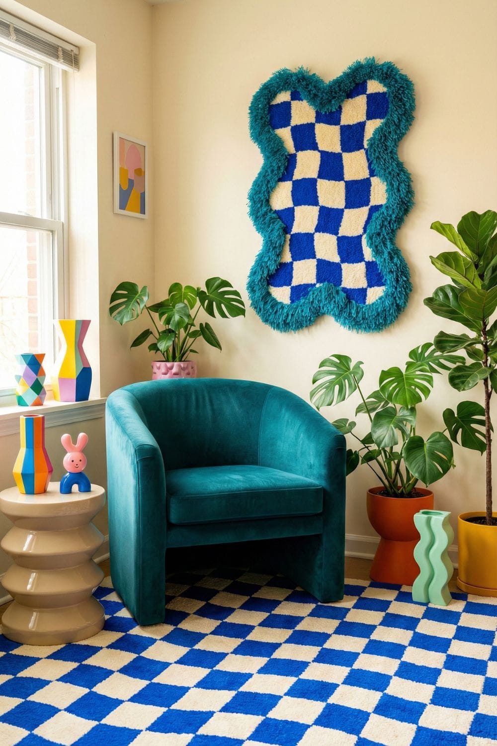 A creative, high-energy living room corner styled in the "Funhaus" aesthetic