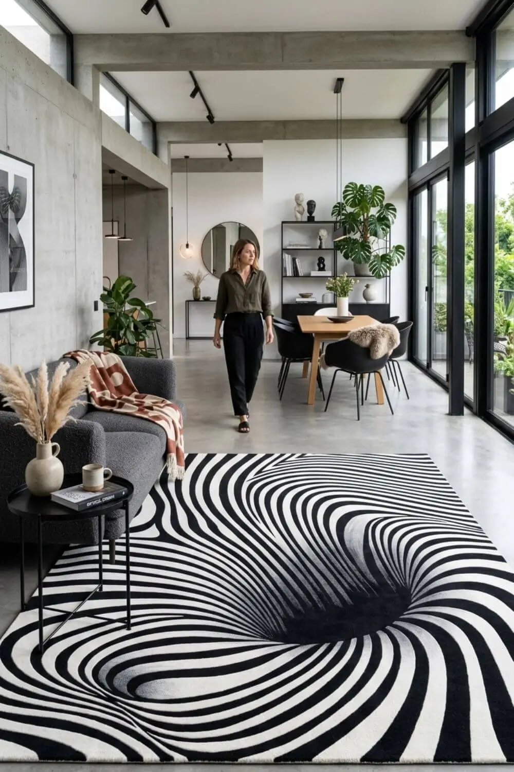 Optical illusion rug with warped lines and 3D effect, modern open space, artistic interior, dramatic visual impact