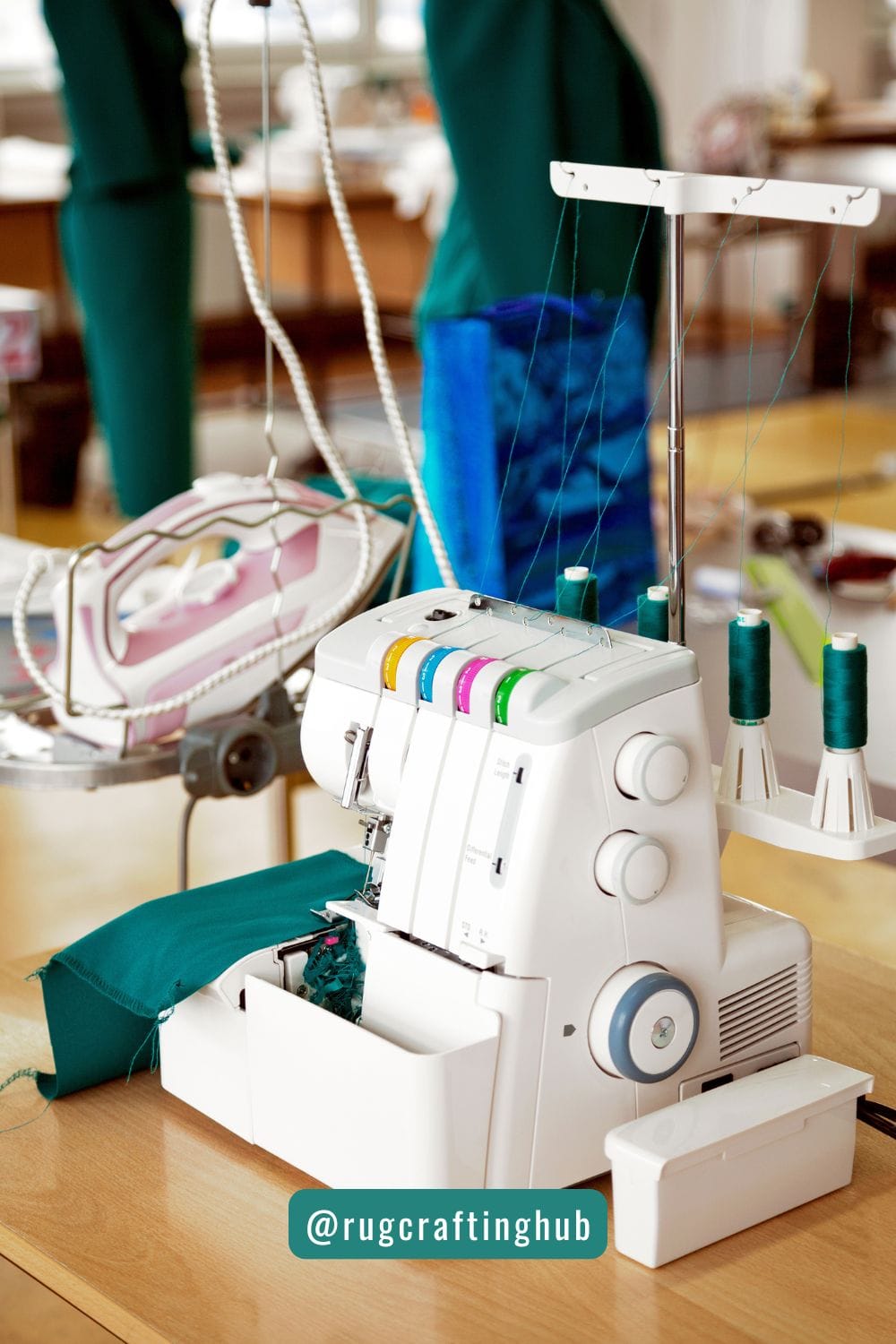 serger-sewing-course-beginner Close-up of a serger overlocker threading path with color-coded thread guides for beginners